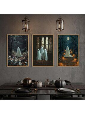 Vintage Halloween Ghost Wall Art Set - Cute Framed Decor, 24"x36", 3 Pieces